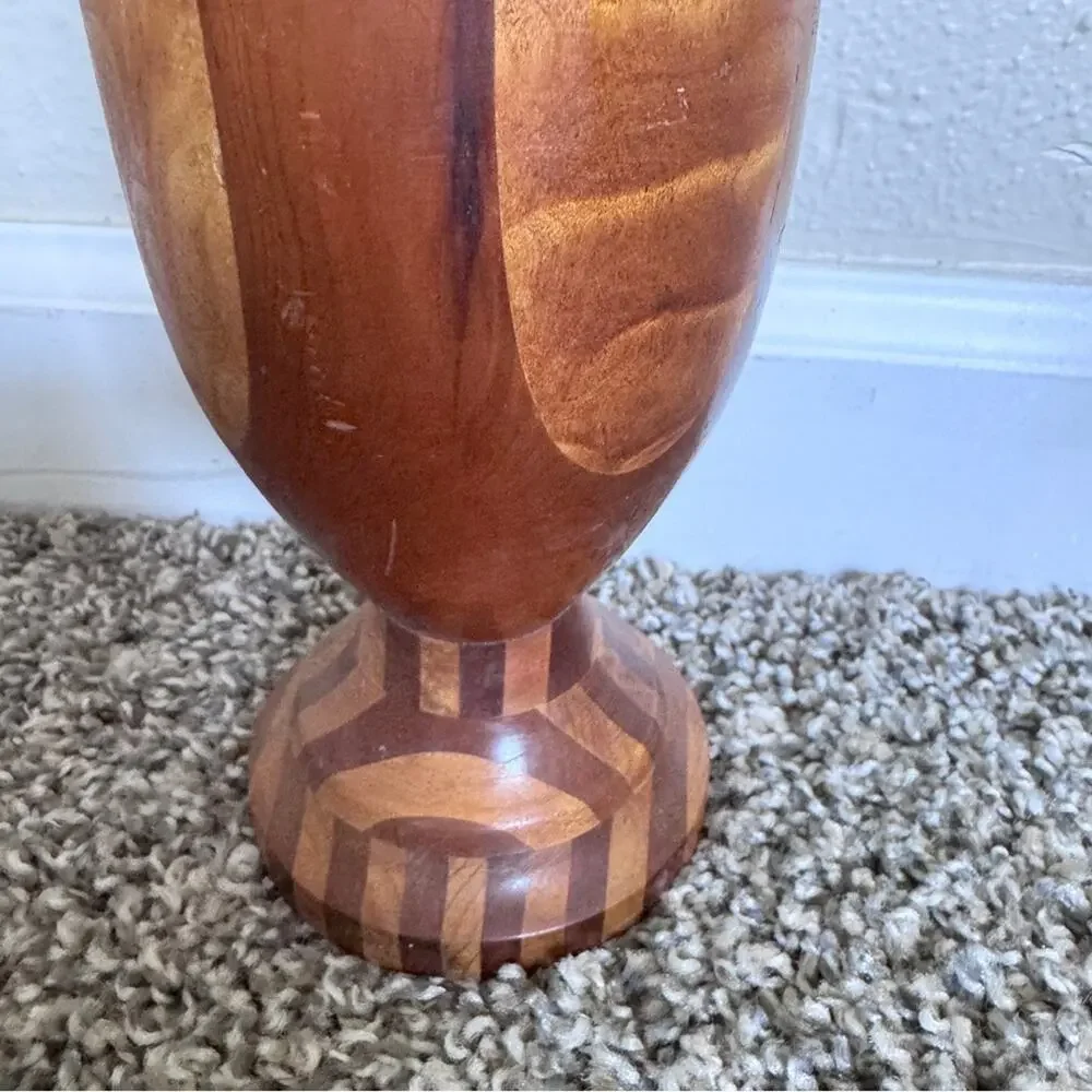 Vintage 1940s Wood Inlay Lidded Vase Artist Signed Unique MCM Home Decor